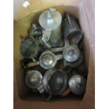 Box containing a collection of various pewter hot water / coffee pots, various cream jugs and