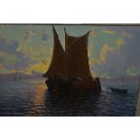 G. Wetters?, signed oil on board, fishermen and boats on calm waters at sunset, 9ins x 12ins