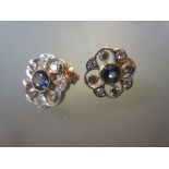 Pair of 9ct gold sapphire and diamond flower head cluster stud earrings