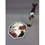 Moorcroft 2007 octagonal dish decorated with a blackbird, butterfly and flowers in original box with