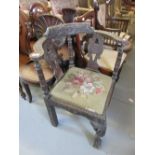 19th Century carved oak corner chair together with an oak joint stool on turned supports and an