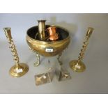 Brass jardiniere on three paw supports, pair of brass barley twist candlesticks and sundries