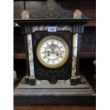 Large 19th Century French black slate and beige marble mantel clock, the enamel dial with Roman