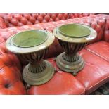 Matched pair of 19th Century walnut and line inlaid jardinieres, the circular tops with brass