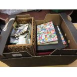 Box containing a collection of various stamps including small stock books of World stamps, two