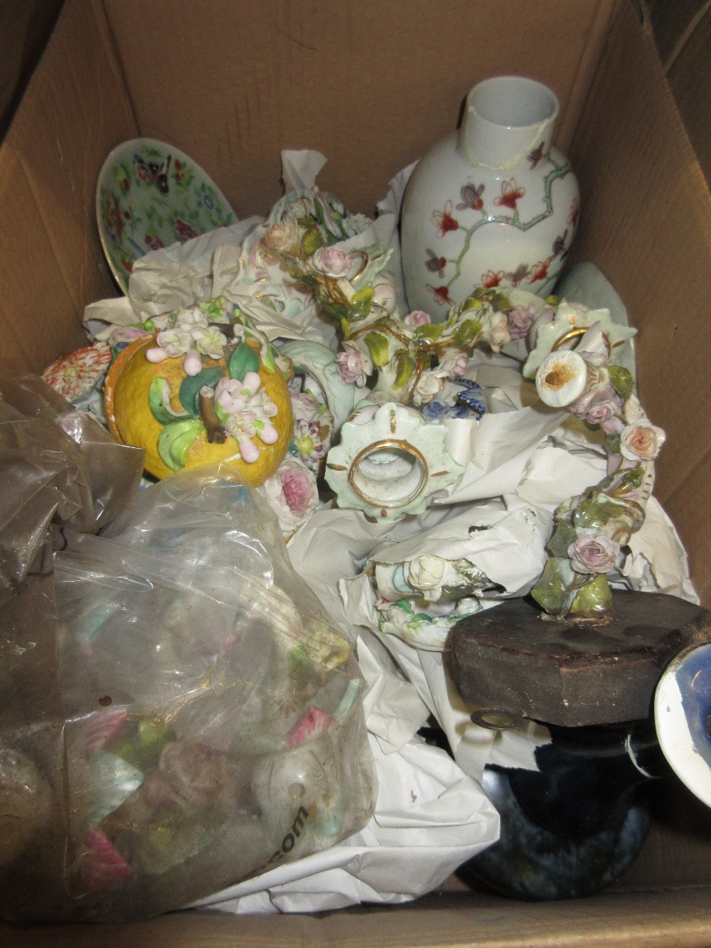Box containing a quantity of various partially restored porcelain including Chinese enamel vase,