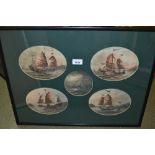 Set of ten Chinese watercolour studies of river landscapes and junks, oval and circular mounted in