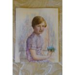 Miniature portrait of a young girl in lilac dress painted on ivorine, inscribed verso ' Mary ', 5ins