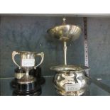 Birmingham silver pedestal cup and cover, small Sheffield silver bottle coaster and a small silver