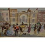 Will Nickless, oil on board, Dickensian style street scene with figures, horses and carts, framed,