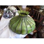 Large early 20th Century Tiffany style green mottled glass and brass mounted hanging shade (with