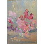 Hans Rudolf Meyer, oil on board, still life study of Sweet Peas, signed and dated '45, 18.5ins x