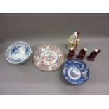 20th Century Chinese famille rose plate, together with three various bowls, a Chinese figure of a