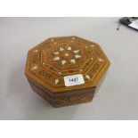 Middle Eastern octagonal wooden parquetry and mother of pearl inlaid jewel casket