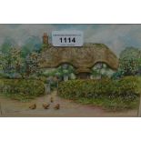 Charles H.C. Baldwyn (Worcester artist), watercolour, chickens before a thatched cottage, signed,