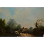 19th Century oil on panel, rural scene with horse drawn cart and figures, 8.5ins x 10.5ins, unframed