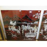 Set of four modern Vietnamese lacquer and mother of pearl inlaid panels depicting figures in a