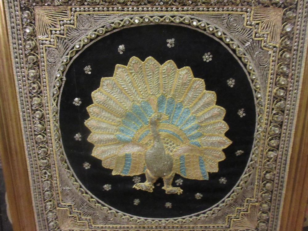 Pair of Indian gold and silver coloured needlework pictures in high relief of an elephant and a - Image 2 of 2