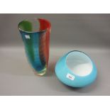 Large bubble glass vase together with a blue overlaid white glass bowl