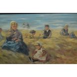20th Century oil on canvas, figures with children on a beach, 14ins x 22ins