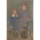 Unframed oil on canvas, portrait of two children, Harry J. Pearson, studio sale stamp verso, 20ins x