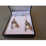 Pair of yellow metal pearl and diamond drop earrings in Victorian style, boxed