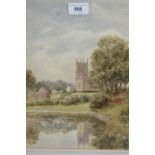 Ward Heys, late 19th Century watercolour, view of a church and village from across the river,