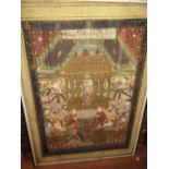 Large Indian painting on linen, figures in an interior, 46ins x 33ins framed