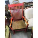 Hans Wegner J16 rocking chair in red, manufactured by FDB Mobler, Denmark (stamped under the arm and