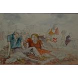 T. Hennell, signed watercolour and pencil, figures on a beach, 6ins x 9.5ins