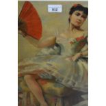 Oil on canvas, laid down, study of a seated ballet dancer holding a red fan, signed, A. Scarles,