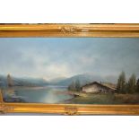 20th Century oil on canvas, mountain lake scene with chalet, indistinctly signed and gilt framed,