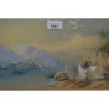 J. Pope, Continental watercolour, lake scene with distant mountains and figures on the shore,