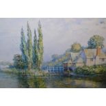 Watercolour, Thames river scene at Oxford, with figure punting before a water mill, signed with