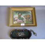 Small 19th Century bead work picture of a shepherdess with animals in a landscape, 6.5ins x 8.
