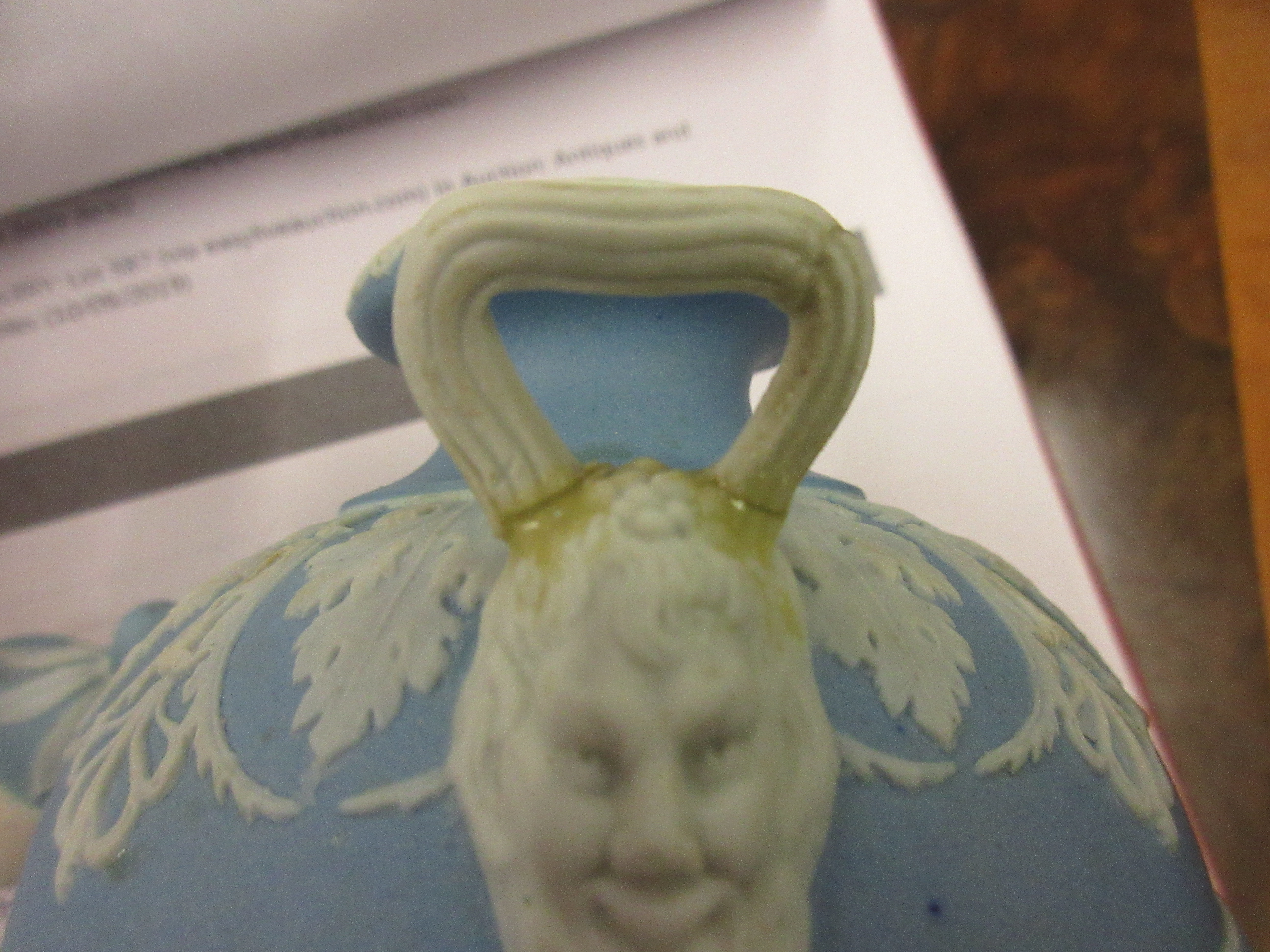 19th Century Wedgwood blue Jasperware two handled pedestal vase and cover relief decorated with a - Image 5 of 6