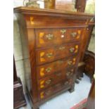 19th Century Continental shell inlaid straight front chest of five long drawers with brass handles