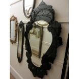 Large 20th Century Venetian style black glass framed wall mirror with engraved floral decoration and