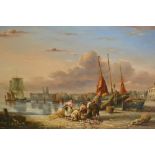 20th Century oil on canvas, harbour scene with fisherfolk to the foreground, gilt framed, a mid 20th