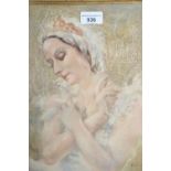 Watercolour portrait of Anna Pavlova, in a carved and gilded Florentine design frame, 14ins x 10ins