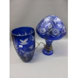Bohemian blue overlay clear glass mushroom form table lamp, together with a similar vase engraved