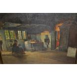 A. Mantur, early 20th Century oil on canvas, cottage interior with seated figure, signed and dated