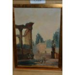 Two small 19th Century oils, figures in classical gardens with ruins, and portrait of a