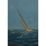 Gouache painting, maritime scene with sailing vessel and gulls, indistinctly signed, 13.5ins x 10ins