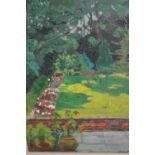 John P. Raw, oil on board, view of a summer garden from a patio, signed and dated '80, 15.5ins x