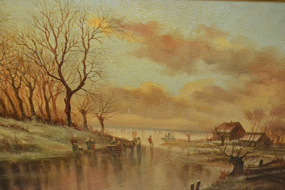Large 20th Century oil on canvas, Dutch winter scene, signed Thomas, 23ins x 35ins, in a swept