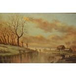 Large 20th Century oil on canvas, Dutch winter scene, signed Thomas, 23ins x 35ins, in a swept