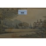 Small framed watercolour and pencil drawing, view of a country house in a landscape, together with