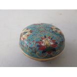 Small Chinese cloisonne pot and cover having floral decoration on a sky blue ground with character