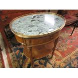 Reproduction French walnut oval occasional table, the marble top with a gilt brass gallery above a